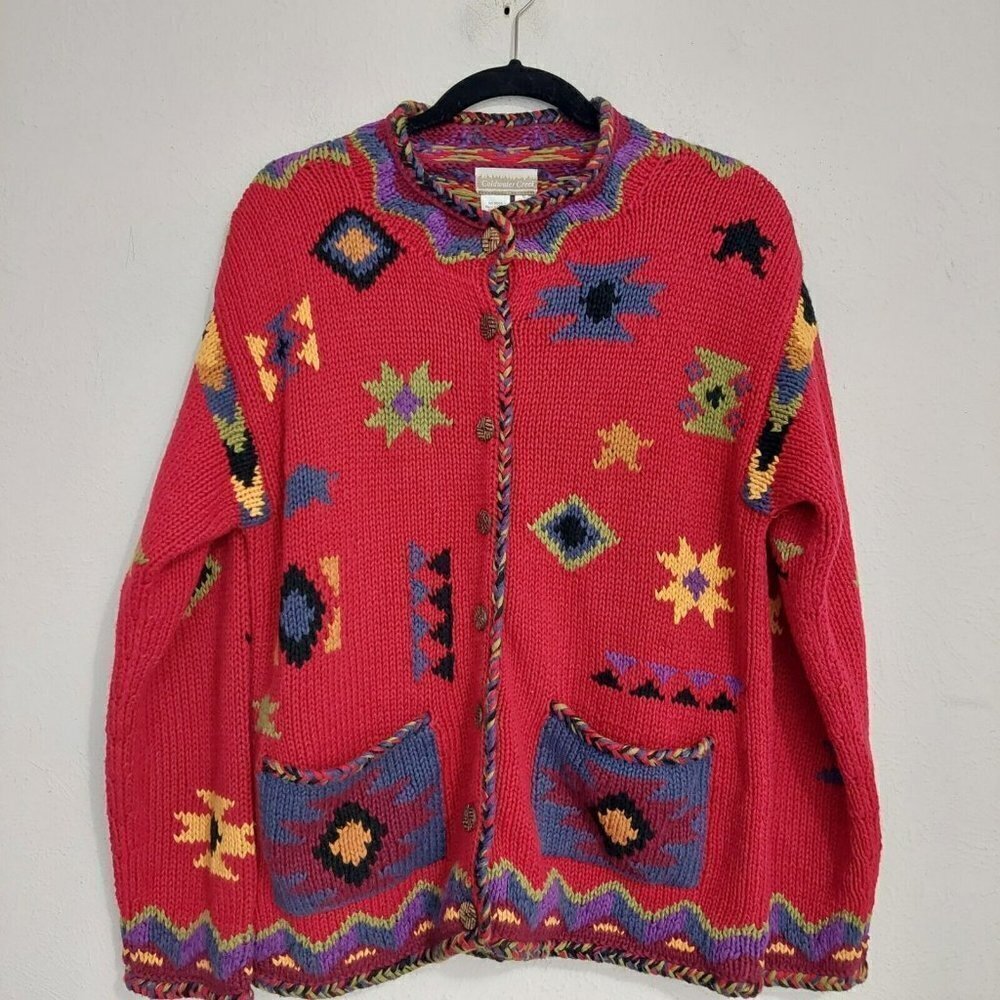 Coldwater Creek Red Southwest Aztec Geometric Button Down Sweater Jacket Size L